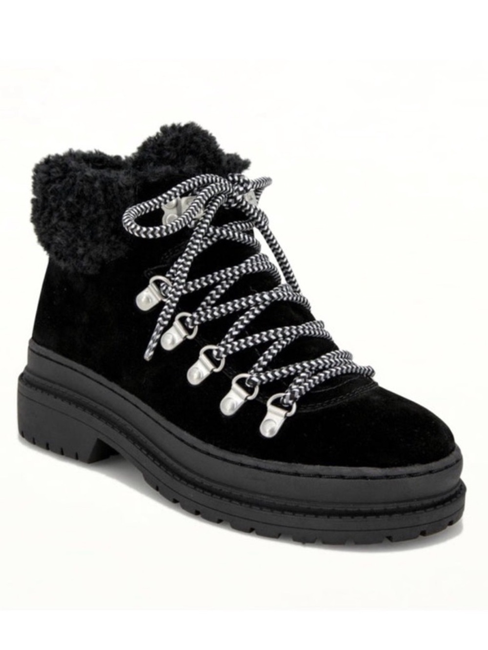 Splendid Yvette Black Suede Faux Fur Lug Sole Ankle Boots Size 7M